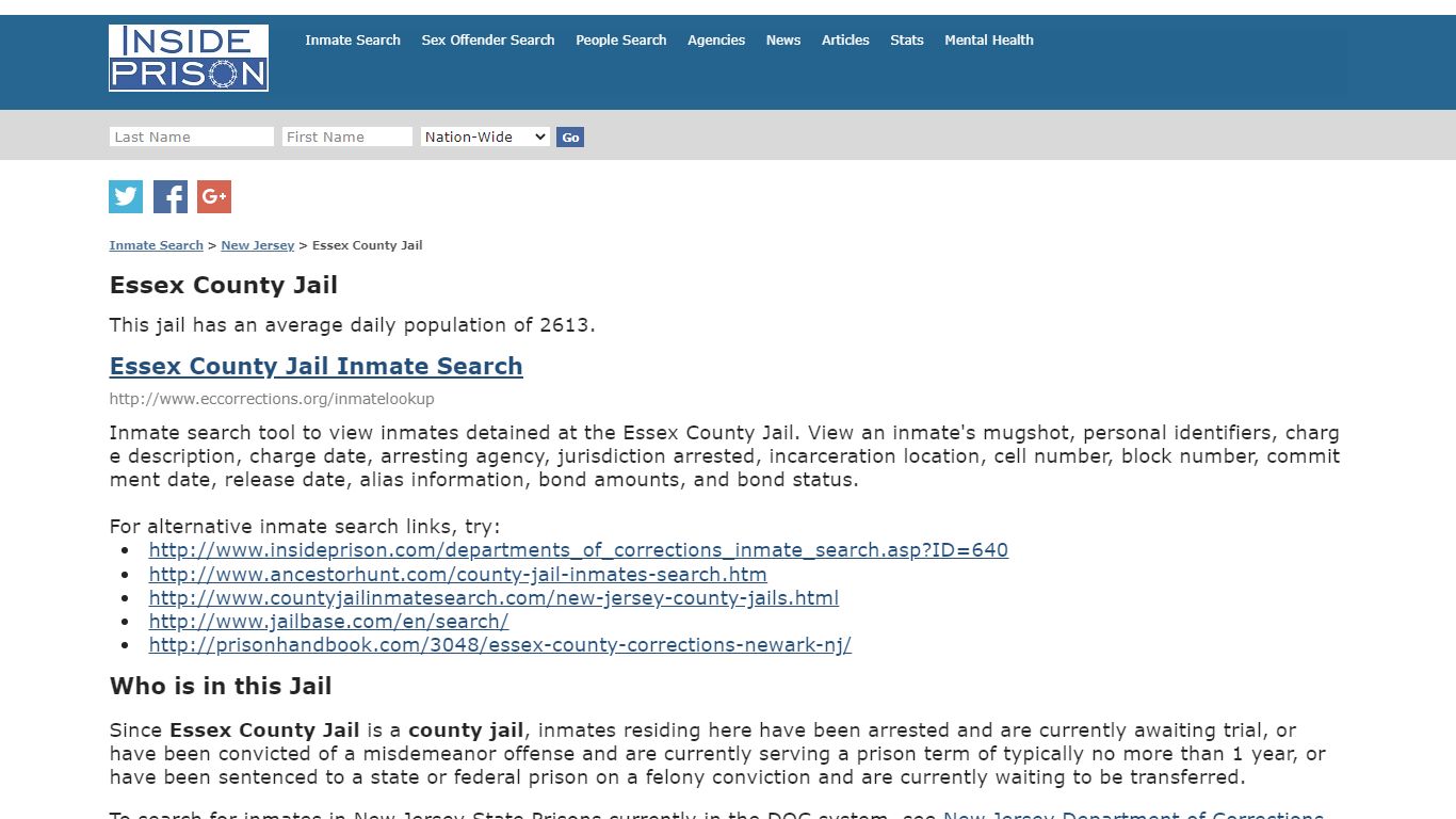 Essex County Jail - New Jersey - Inmate Search